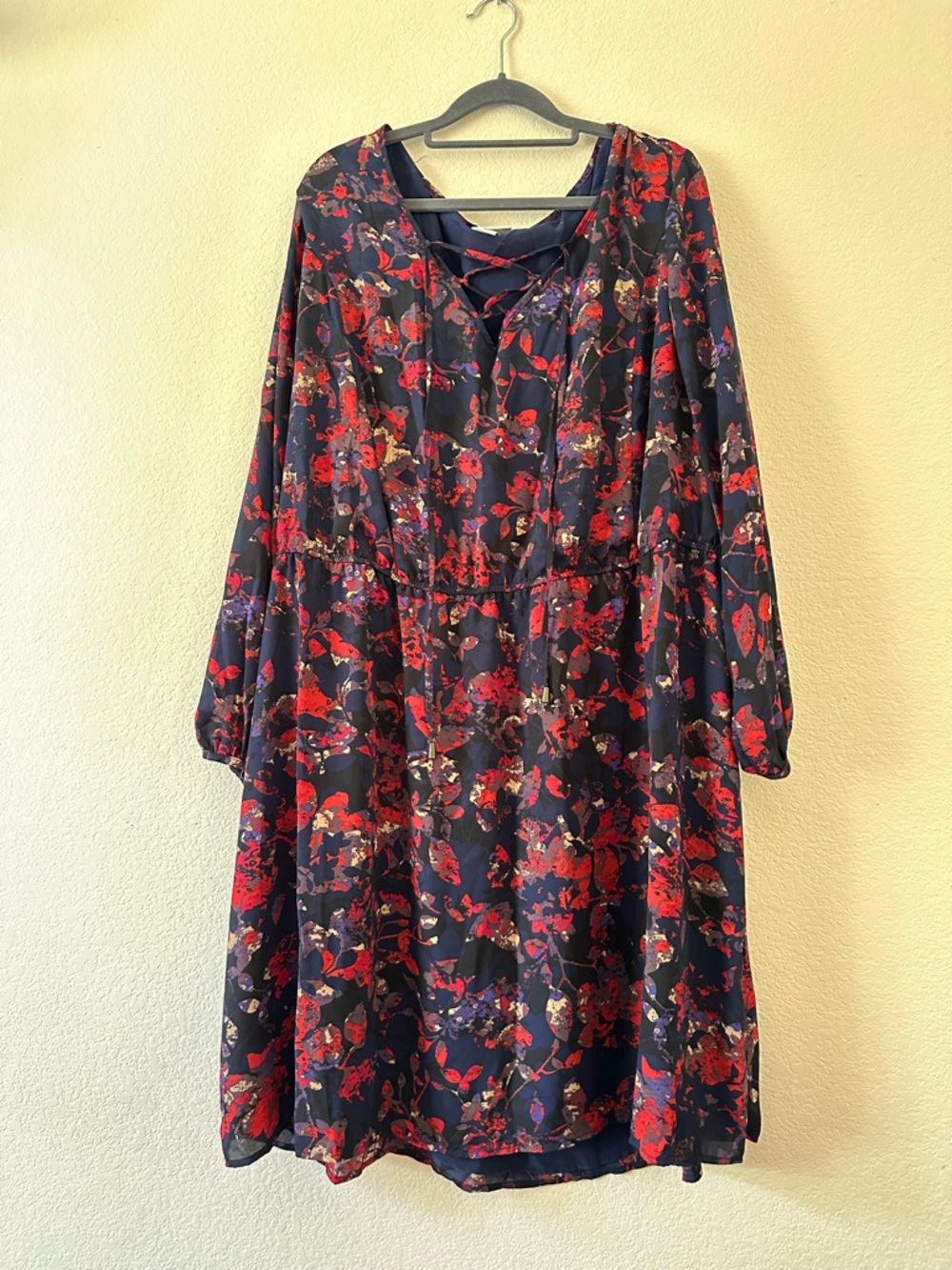 Ava & Viv Navy Dress with Red Floral Lace-Up Neckline